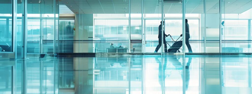 Office movers in Washington DC transport a cart through a modern, glass-walled office space, reflecting the clean, bright interior. Office relocation services.