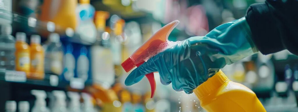 Gloved hand spraying cleaner from a yellow bottle. Cleaning supplies on shelves in background. Professional cleaning services in Washington DC.