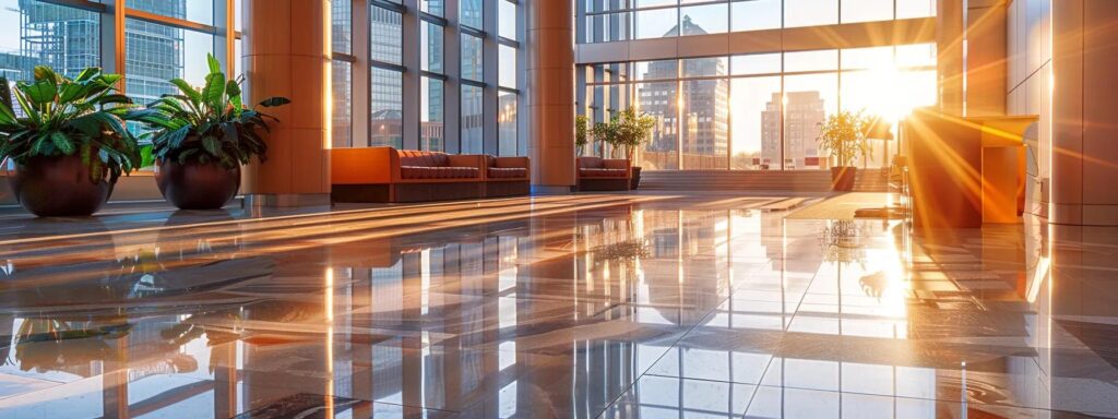 Modern office lobby interior in Washington DC with potted plants, sofas, and large windows reflecting sunlight on the shiny floor.