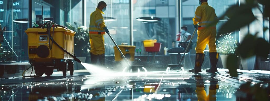 Commercial cleaning services: Workers using pressure washers to clean a building's floor in Washington DC. Professional janitorial services.