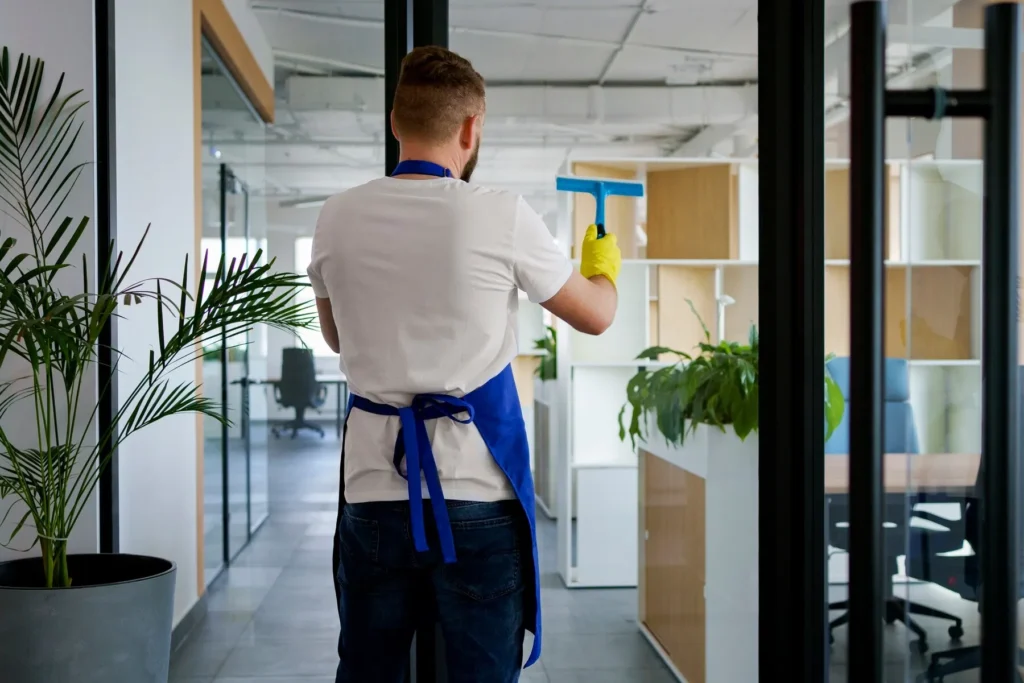 Office cleaning services: Man cleaning glass wall with squeegee. Janitorial worker in apron. Commercial cleaner at work in Washington DC.