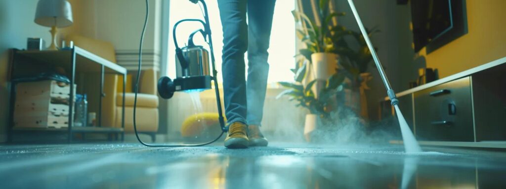 Floor cleaning service with professional equipment. Person using a floor steam cleaner indoors. Expert floor cleaning in Washington DC for a spotless home.