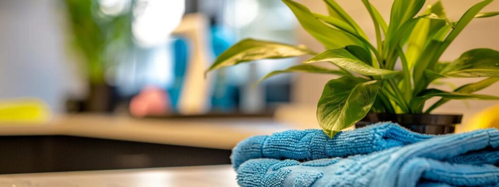 Blue towels and a potted plant, ready for house cleaning in Washington DC. Residential cleaning services for a spotless home.