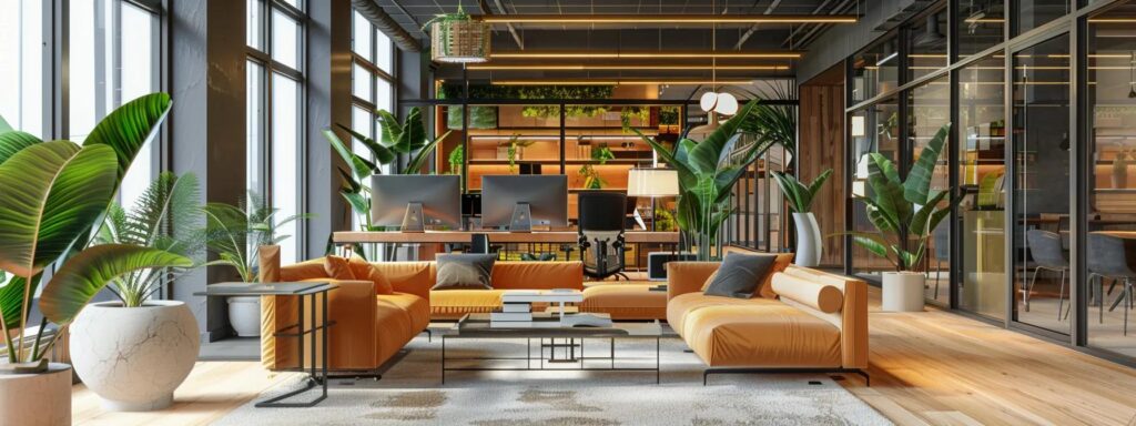 Modern office interior design with orange sofas and plants. Workspace features natural light, desks, and computers. Interior design in Washington DC.