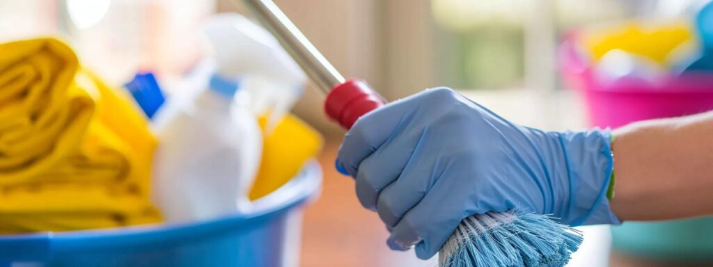 Gloved hand mops floor with cleaning supplies in a bucket. Professional cleaning service in Washington DC for a spotless home or office.