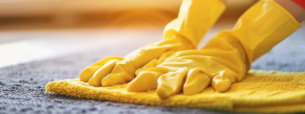 Close-up of yellow gloves and cloth cleaning a gray carpet. Professional carpet cleaning service.