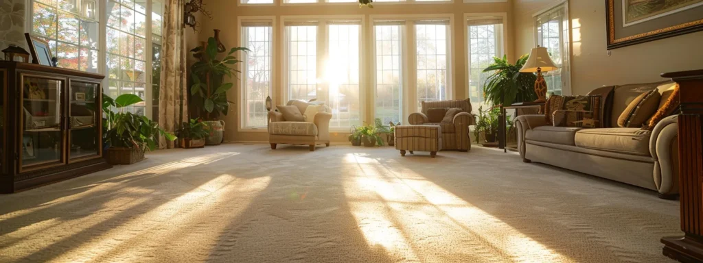 Sunlit living room with a clean carpet. Armchairs, sofa, and plants create a cozy atmosphere. Consider our carpet cleaning services in Washington DC.