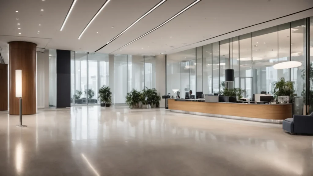 Modern office lobby interior with reception desk and plants. Commercial interior design in Washington DC featuring sleek lighting and spacious layout.