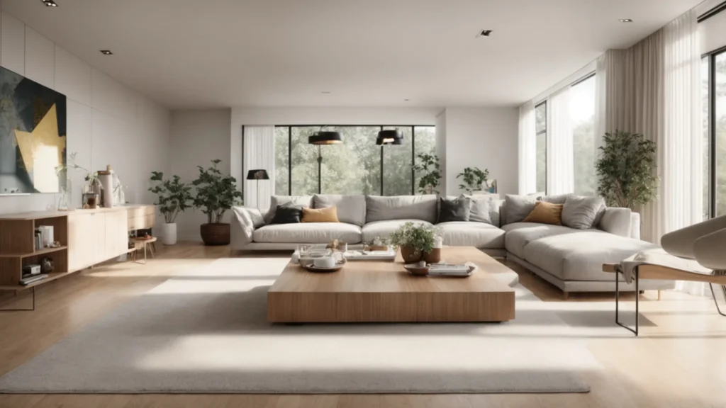 Bright living room interior design with a large sectional sofa and a wooden coffee table. Modern home interior in Washington DC with plants and natural light.