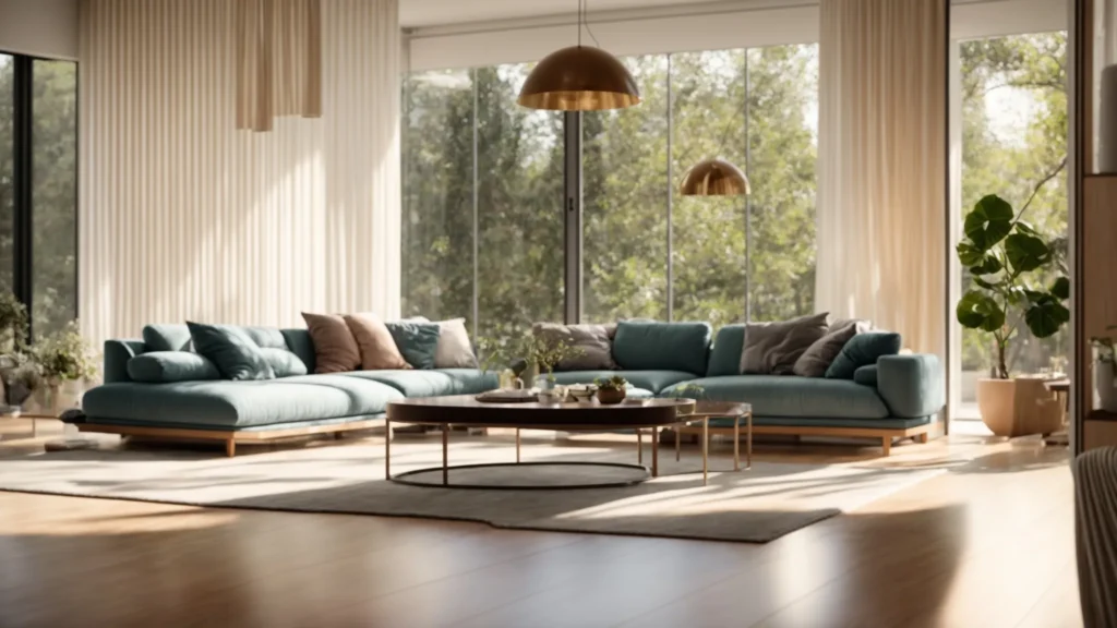 Modern living room with large sectional sofa, round coffee table, and pendant lights. Interior design featuring natural light and green accents.
