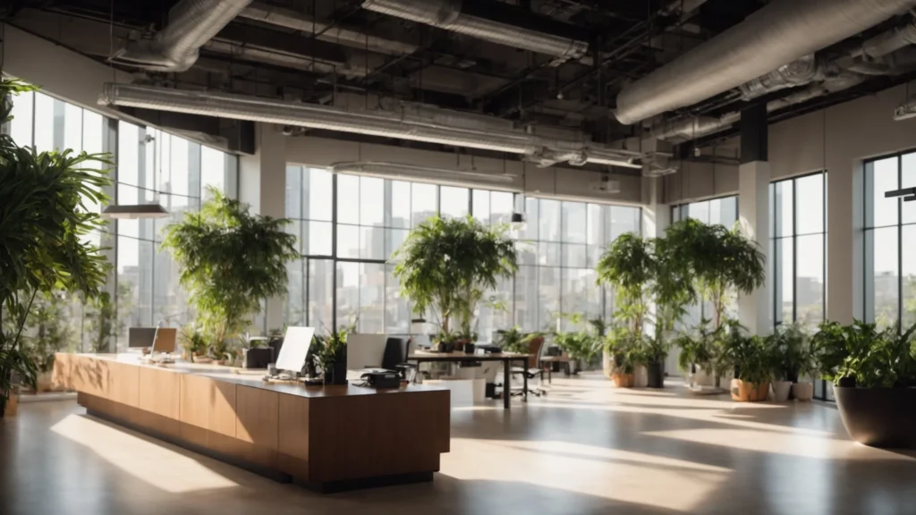 Bright office space with plants in Washington DC. Modern interior design with natural light and greenery. Workspace with desks, chairs, and large windows.