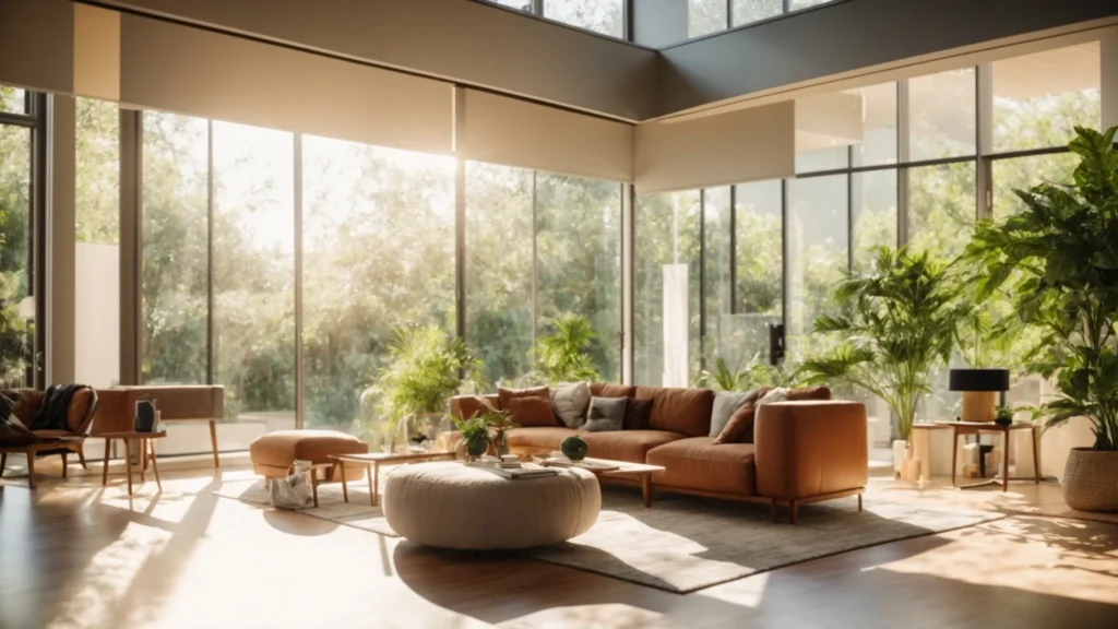 Modern living room design with large windows and indoor plants. Interior design in Washington DC featuring a brown sofa, ottoman, and natural light.