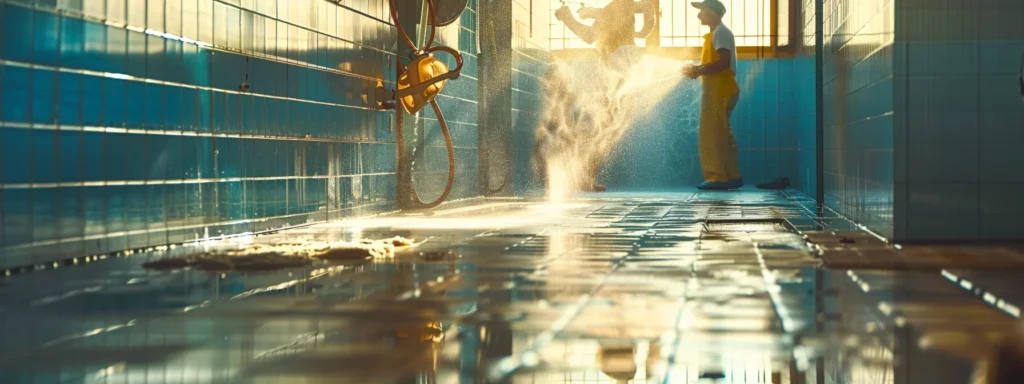 Industrial cleaning services: A worker in yellow overalls sprays water to clean a tiled floor in Washington DC, showing the power of pressure washing.