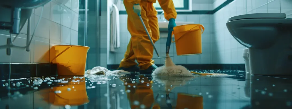 Restoration worker in Washington DC mops up water damage. Emergency flood cleanup with buckets and mop. Water damage restoration service.