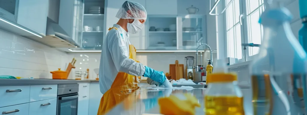 Maid cleaning kitchen counter. Woman with mask and gloves wiping down surface. Professional house cleaning services in Washington DC.