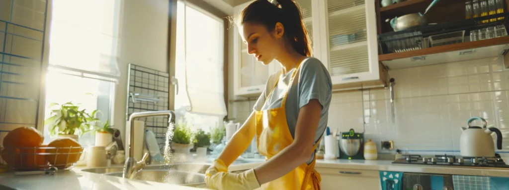 Woman washing dishes in a bright kitchen. House cleaning services in Washington DC for a sparkling clean home. Kitchen chores and housekeeping.