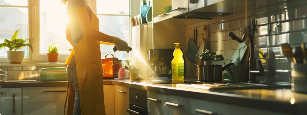 Kitchen cleaning service: Woman in apron cleaning kitchen counter with spray bottle. Bright sunlight streams through window. Kitchen utensils visible.