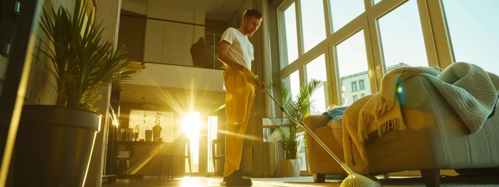 Man sweeping floor with broom in sunlit modern Washington DC apartment. Residential cleaning services for homes and apartments.