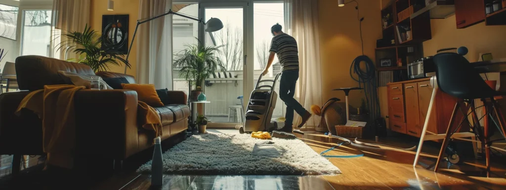 Man using a carpet cleaner in a sunny living room. Professional carpet cleaning services can help maintain a clean and healthy home in Washington DC.