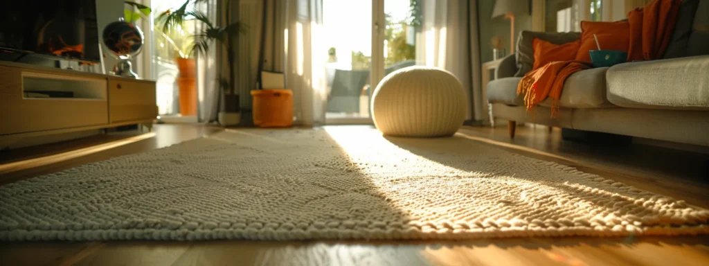 Cozy living room interior with a textured area rug, sofa, and natural light. Home decor and interior design in Washington DC.