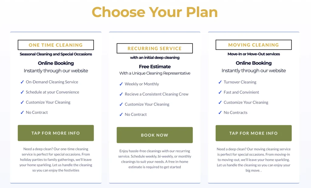 Cleaning services plans: one-time, recurring, and moving cleaning with online booking. Choose your plan for home cleaning in Washington DC.