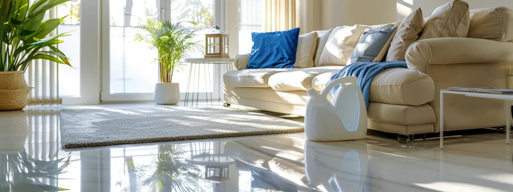 Living room with plants and a couch. Floor cleaning service in Washington DC for a clean home. The floor is shiny and reflects the light.