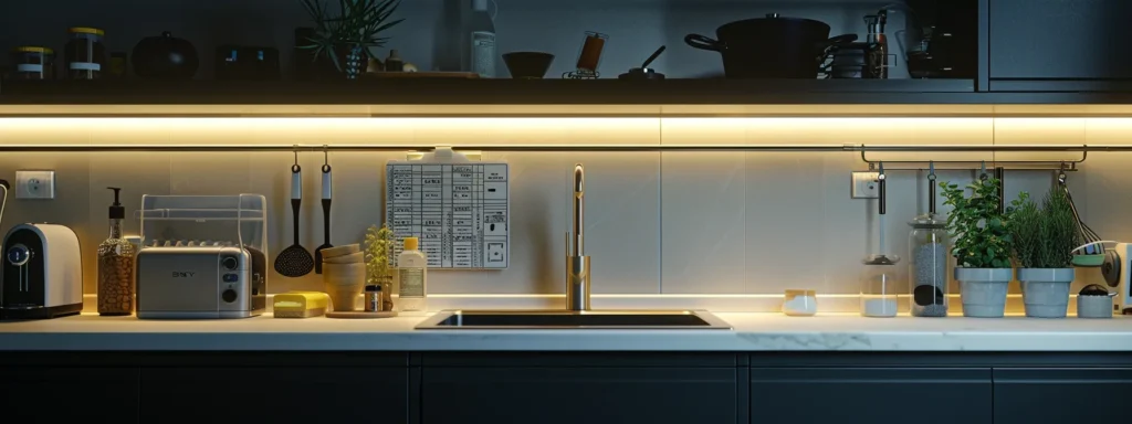 Kitchen remodel with modern design. Countertop with sink, toasters, plants, and utensils. Under-cabinet lighting enhances the space. Washington DC kitchen design.