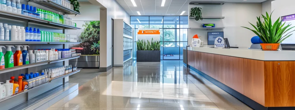 Interior view of the Sooly office in Washington DC, featuring shelves stocked with cleaning supplies and a reception desk with plants.