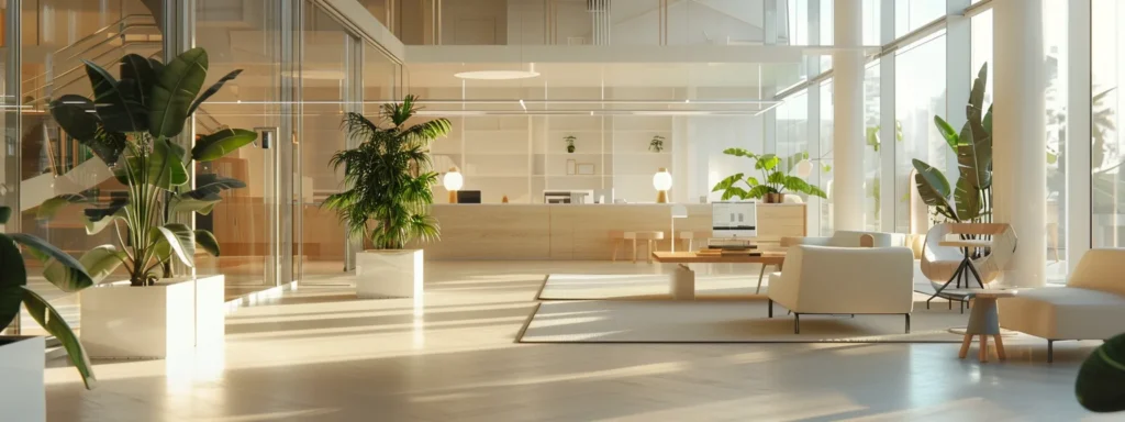 Bright, modern office interior with plants, white furniture, and a reception desk. The space is well-lit, creating a welcoming atmosphere in Washington DC.