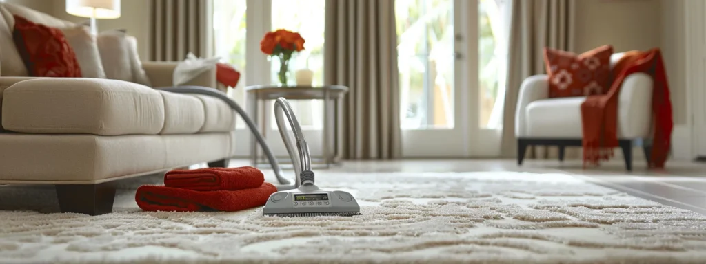 Carpet cleaning in Washington DC with vacuum on patterned rug. Red towels and a sofa are in the background. Home interior cleaning services.