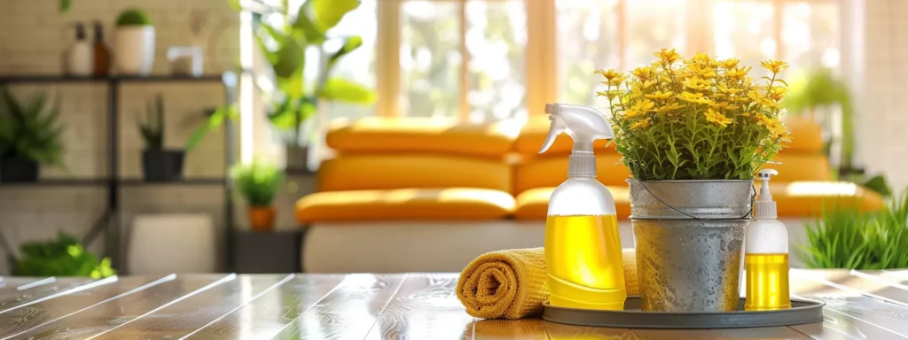 House cleaning products on a wooden table with yellow flowers. Home cleaning spray bottle for a spotless home in Washington DC.