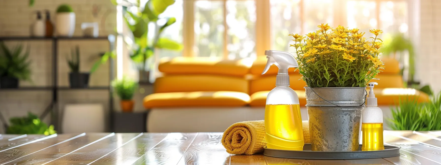 House cleaning products on a wooden table with yellow flowers. Home cleaning spray bottle for a spotless home in Washington DC.