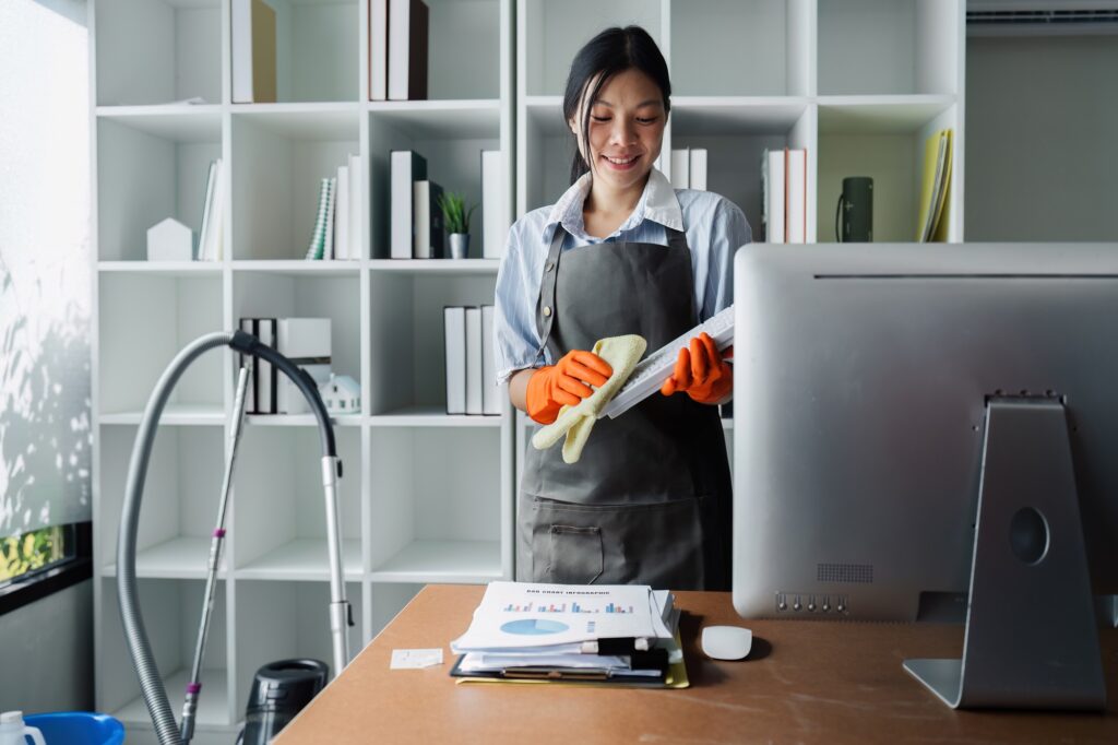 Office cleaning service: Woman dusting a keyboard in an office with a vacuum cleaner, desk, and shelves. Commercial cleaning services in Washington DC.