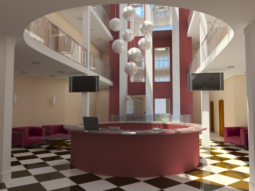 Hotel lobby interior design with a reception desk and seating area. Modern architecture with a checkered floor in Washington DC.