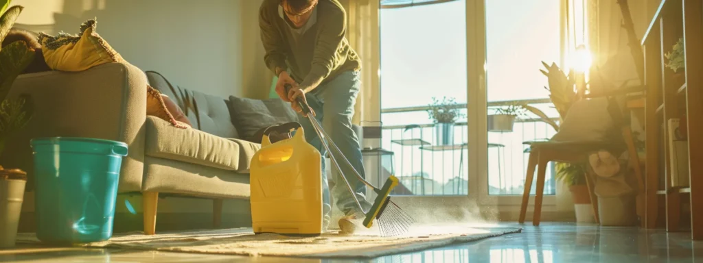 Man using a carpet cleaning machine in a sunlit Washington DC living room. Professional deep steam cleaning services for rugs and carpets.