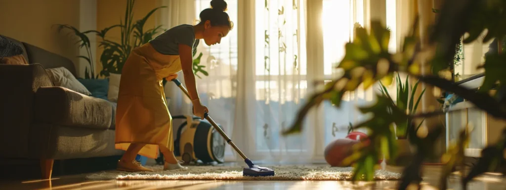 Woman vacuuming in a sunlit living room. Professional house cleaning services in Washington DC for a spotless home.