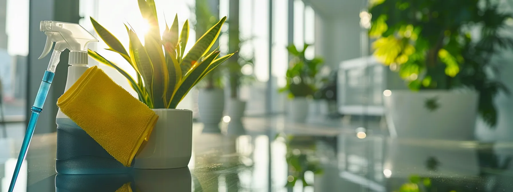 Office cleaning supplies: spray bottle, yellow cloth, and plant. Commercial cleaning service for offices and businesses in Washington DC.