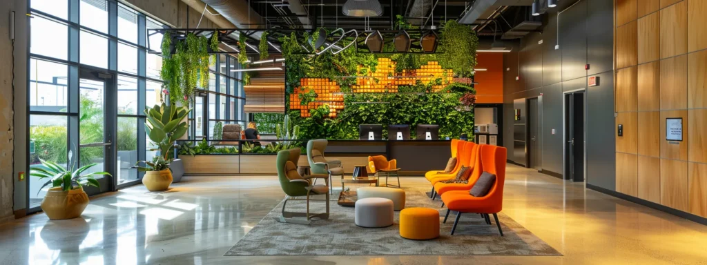 Modern office space with green wall and orange chairs. Interior design featuring plants, natural light, and contemporary furniture in Washington DC.