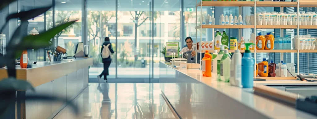 Janitorial Supplies at a store: Shelves stocked with cleaning products and supplies, with a person walking by in the background. Janitorial services.