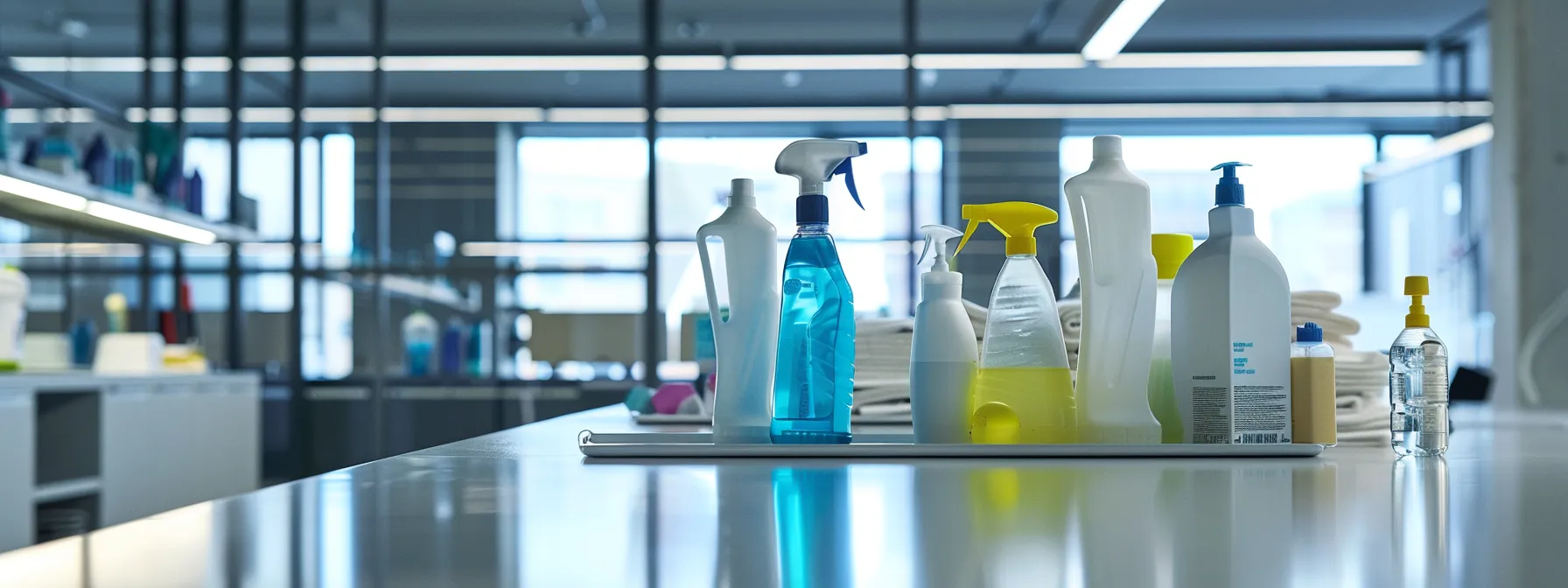 Cleaning supplies on a table. Commercial cleaning products for office cleaning services in Washington DC. Bottles of cleaning solutions and sprayers.