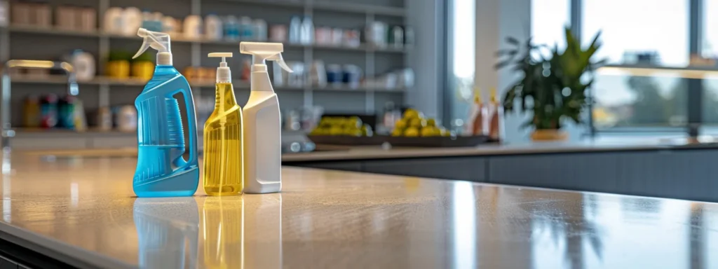 Cleaning supplies on a counter, showcasing our cleaning service. Blue, yellow, and white spray bottles. Professional cleaning in Washington DC for a spotless space.