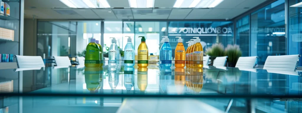 Conference table with assortment of colorful shampoo bottles. Professional haircare products for salon use. Hair care in Washington DC.