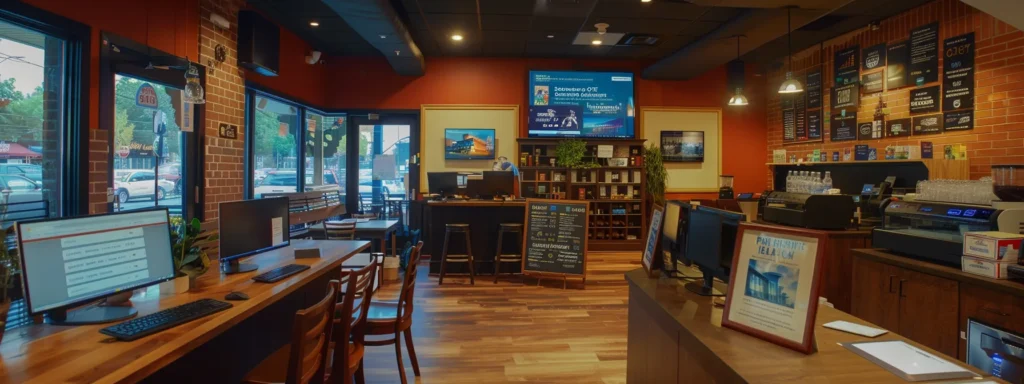Interior of a coworking space in Washington DC, with computers, desks, and a coffee bar. Shared office space for rent with fast internet.