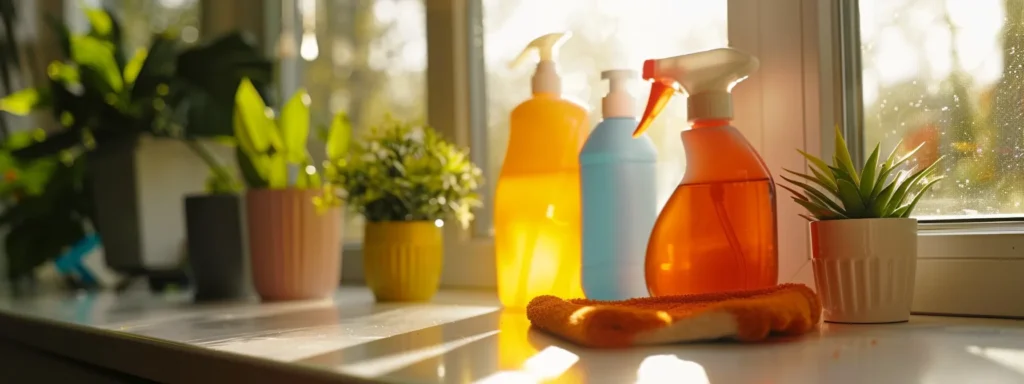 Cleaning supplies and potted plants on a windowsill. House cleaning products. Professional home cleaning service in Washington DC.