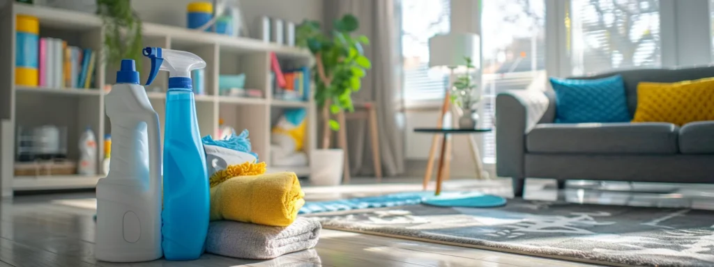Cleaning supplies in a bright living room. Cleaning service in Washington DC with spray bottles and towels on the floor, ready for home cleaning.