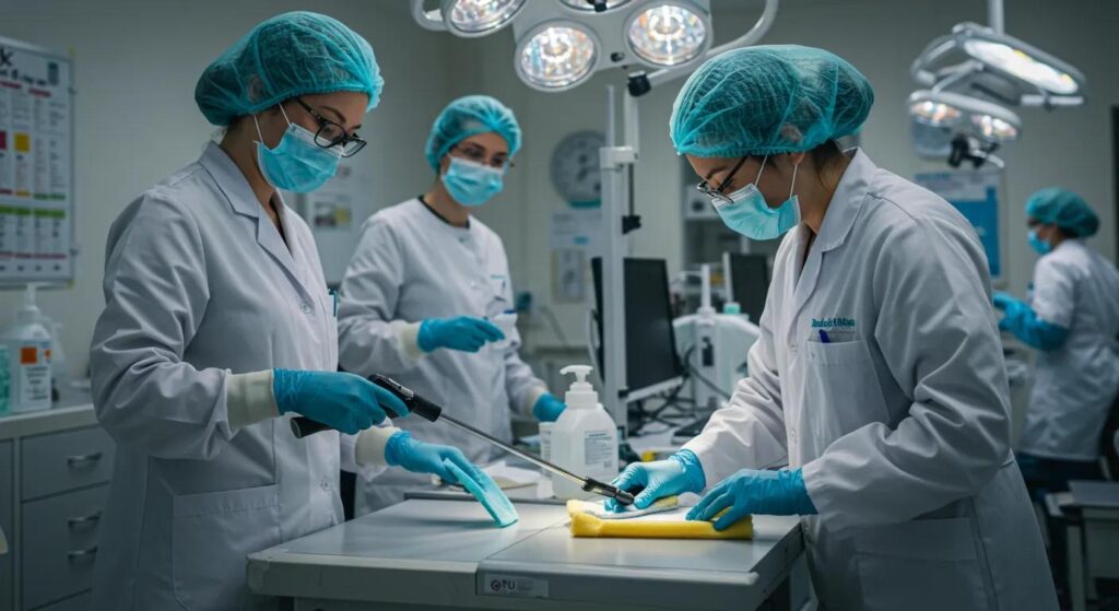 Medical team in Washington DC preparing for surgery, wearing masks and gloves, in a sterile operating room. Surgical procedure preparation.