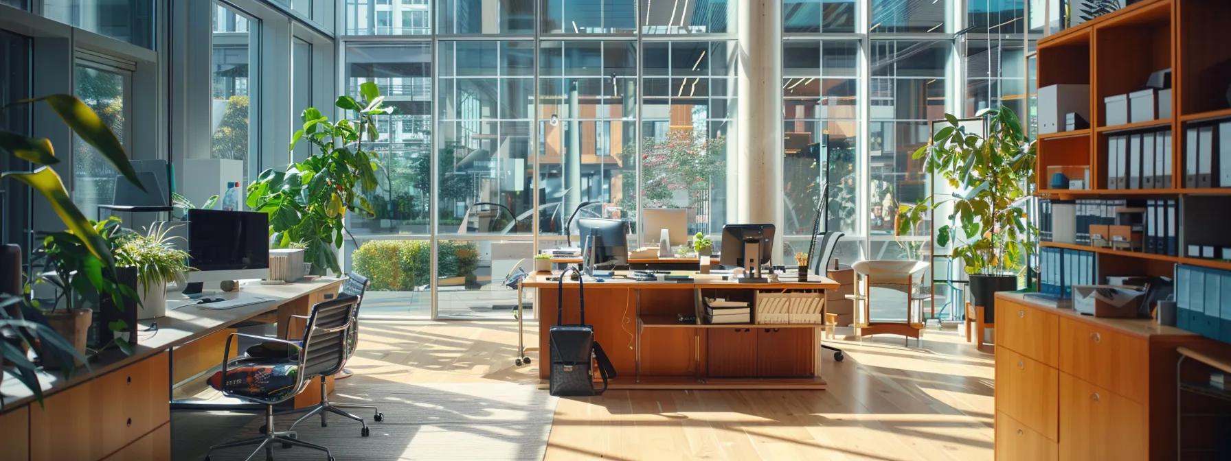 Bright office space with desks, chairs, computers, plants, and large windows. Modern office design for workspace solutions in Washington DC.