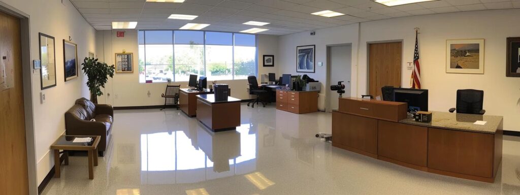 Government office interior with desks, computers, and an American flag. Waiting area with a brown leather couch and a small table. The room is brightly lit with large windows. Washington DC.