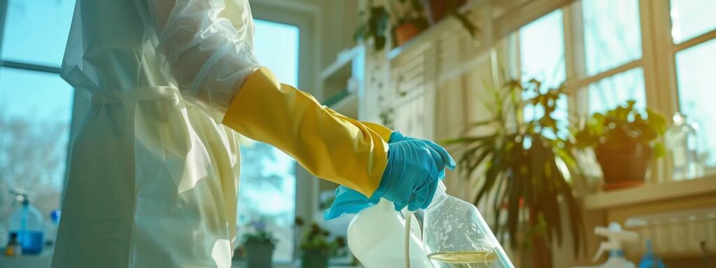 Disinfecting services: Person in protective suit and gloves disinfecting a surface. Professional cleaning services in Washington DC for a healthy environment.