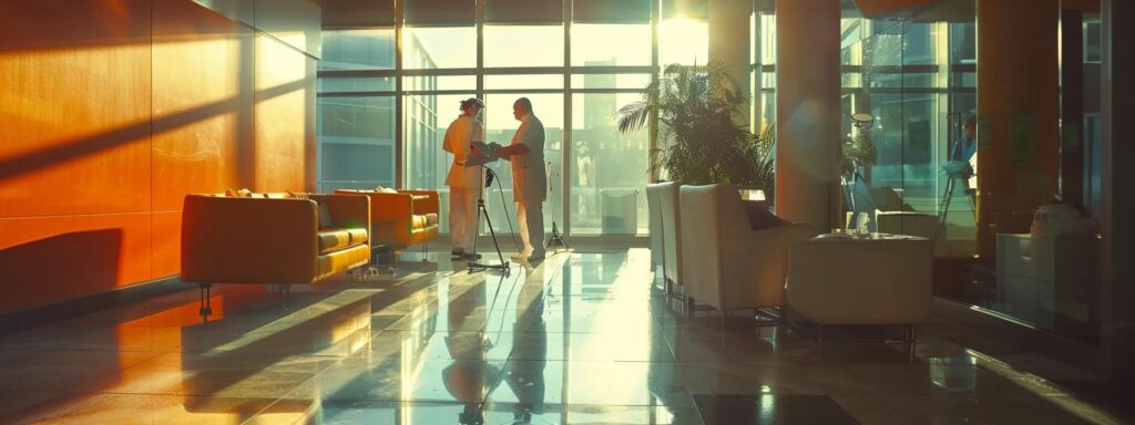 Healthcare workers in a modern Washington DC hospital lobby with seating and large windows, providing a bright and welcoming environment.